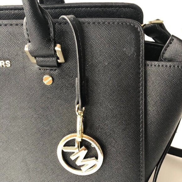 MK MICHAEL KORS SELMA Saffiano Leather Black Gold detach strap 12.5 x 9 x 4.5" - Picture 9 of 16